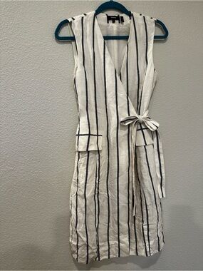 Theory Linen Wrap Dress Ivory Navy Stripe Sleeveless Summer Dress